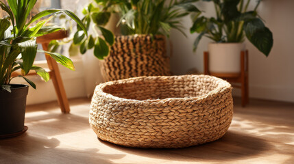 A sunlit woven cat bed on the floor of an apartment is surrounded by potted plants, creating a warm and peaceful atmosphere.