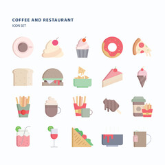 Coffee and restaurant flat icon set, Its including icons like bread sandwich, donut, french fries and pizza