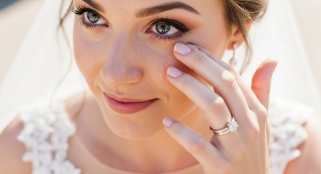 Emotional bride wiping a tear of joy on her wedding day. Close-up portrait of a woman with wedding makeup and a diamond ring. Tender moment at a marriage ceremony - Powered by Adobe