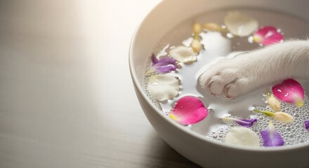 A white cat's paw in a spa bowl with water and flower petals. Pet pampering and grooming for animal wellness. Close-up with copy space