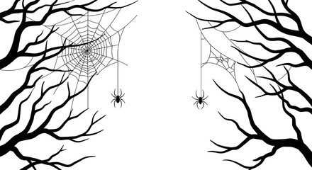 Banner blanco de Halloween con telara&ntilde;a y ara&ntilde;as.