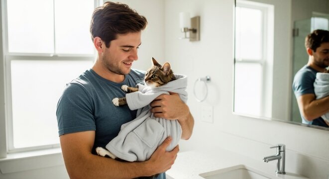 A young man holding a cute tabby cat wearing a funny bathrobe. Pet owner and his feline friend in a modern bathroom. Human-animal bond and pet care concept