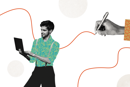 Composite photo collage of happy businessman type laptop device freelance worker hand hold pen draw line isolated on painted background