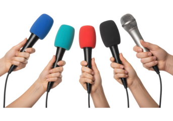 Press Conference Frenzy: Multiple Hands Holding Microphones for Interview, Media Scramble, Journalism Event, Diverse Coverage, Black Background