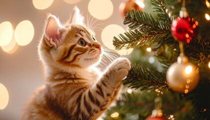 Little cat playing with the Christmas tree, with Christmas lights and baubles slightly out of focus in the background