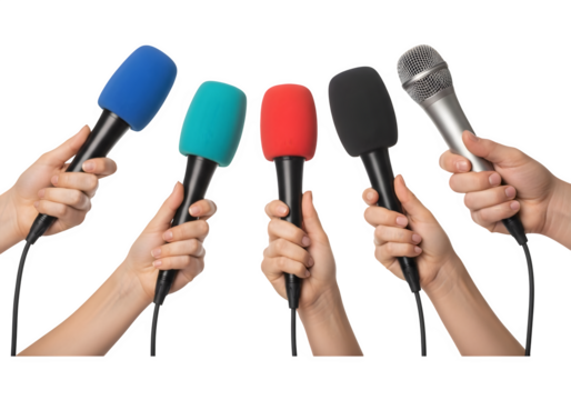 Press Conference Frenzy: Multiple Hands Holding Microphones for Interview, Media Scramble, Journalism Event, Diverse Coverage, Black Background