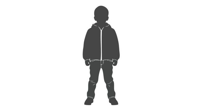 Dark gray silhouette of a young child standing, wearing a casual hoodie and pants. Isolated vector graphic icon of a little boy