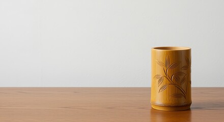 A single carved bamboo vase on a wooden table against a white background