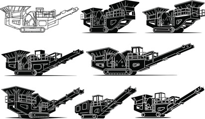Mobile crusher vector set, construction equipment, mining machinery, tracked rock crushers, industrial machines, side view, heavy-duty, conveyor belt, silhouette