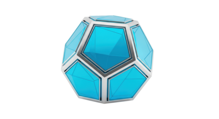 Isolated dodecahedron geometric shape 3D rendering, glossy blue and metal, abstract design