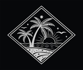 Tropical palm tree silhouette vector illustration with beach sunset and ocean background