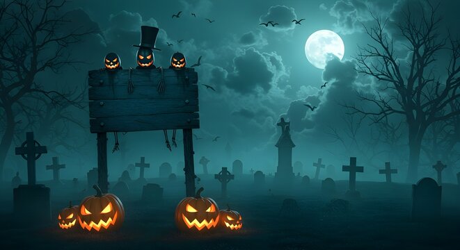 Fiesta de cartas de Halloween: calabazas y zombis en el cementerio con tabla de madera