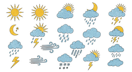 A collection of weather icons depicting various atmospheric conditions including sun clouds rain lightning and wind.