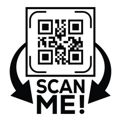 A bold, black and white vector graphic featuring a QR code centered in a square with targeting marks. Large arrows point to the text 