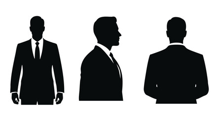 Vector illustration set of a businessman's upper body silhouette, showing front, side, and back profile views for a corporate avatar
