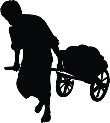 Silhouette of a person pushing a cart loaded with goods