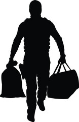Silhouette of a person carrying bags and a tool belt