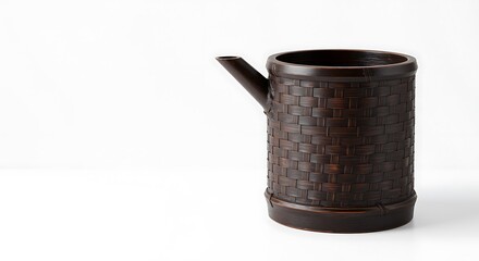 Antique dark ceramic pitcher with ornate embossed pattern on white background