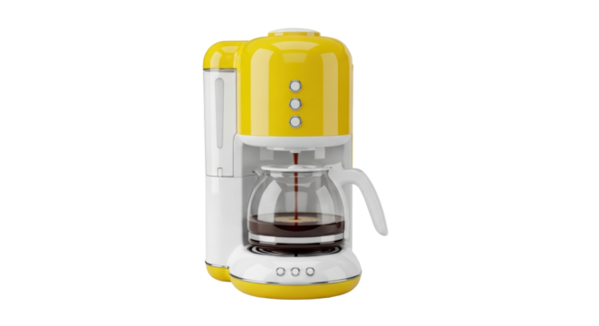 Isolated yellow and white drip coffee maker with carafe, coffee brewing, making fresh brew