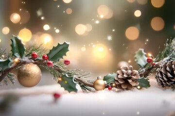 Festive christmas garland with pine cones, ornaments, and lights against blurred bokeh background