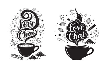Love Chai Illustration &ndash; Hand Drawn Romantic Masala Chai Cup with Spices, Steam, and Decorative Elements