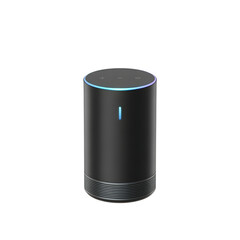 Black cylindrical smart speaker with blue light technology