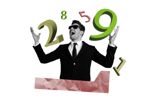 Composite photo collage of happy excited buisnessman scream win lottery rich entrepreneur lucky numbers isolated on painted background