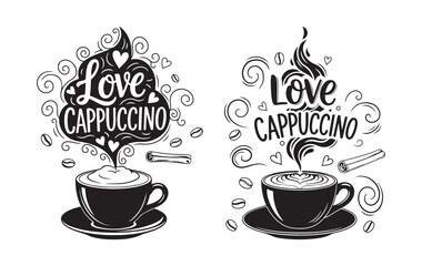 Love Cappuccino Illustration &ndash; Romantic Hand Drawn Cappuccino Cup with Heart Steam and Coffee Beans