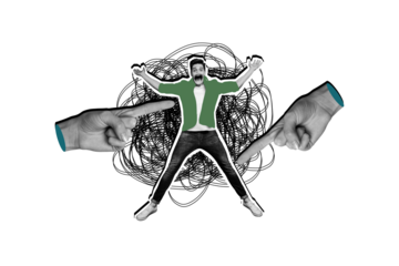 Composite photo collage of astonished man scream big mouth people hands point index fingers abuse offense isolated on painted background