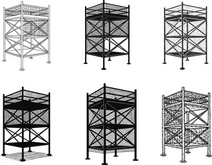 Scaffolding vector set, construction platform illustrations, industrial metal frames, mesh panel structures, engineering support system, black and white silhouette design