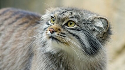 Close Up of Pallas Cat With Thick Gray Fur and Intense Yellow Green Eyes