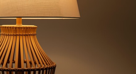 Close up of a warm glowing table lamp with a textured lampshade