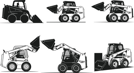 Skid-steer loader vector set, construction equipment illustration, Bobcat machine with bucket, heavy machinery in motion, industrial vehicle angles, compact digger © Farzana