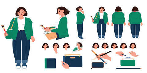 Artist Woman Character with Various Poses and Art Supplies Vector