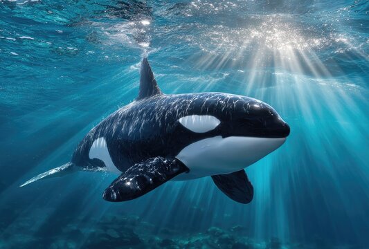 an orca swimming in the ocean, with rays of light shining down on it from above