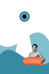 Composite trend artwork sketch photo collage of travel vacation seaside ocean water wave young man swim floating ring eye vision control