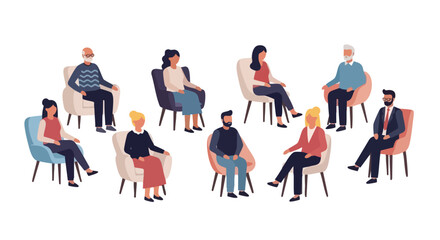 Diverse Group Therapy Illustration of People Sitting in a Circle, Promoting Mental Wellness