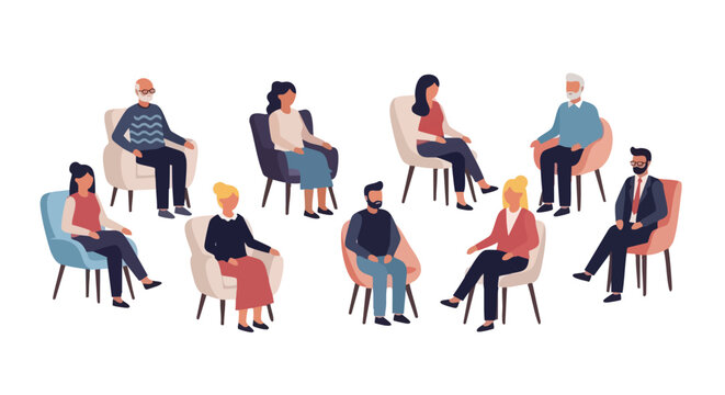 Diverse Group Therapy Illustration of People Sitting in a Circle, Promoting Mental Wellness