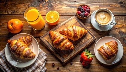 Delicious Breakfast Spread With Fresh Croissants Orange Juice Coffee Berries And Oranges Arranged On A Rustic Wooden Table