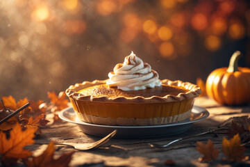 Pumpkin cinnamon pie dessert on decorated table with orange Thanksgiving pumpkins AI Generative