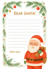 Dear Santa letter template with cute Santa Claus, ornaments and fir branches. Blank card with seasonal winter holiday design. Perfect for kids Christmas wish lists, printables and holiday stationery.