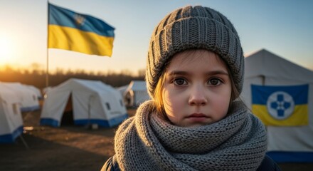 Portrait of a child in a refugee camp with ukrainian flag at sunrise