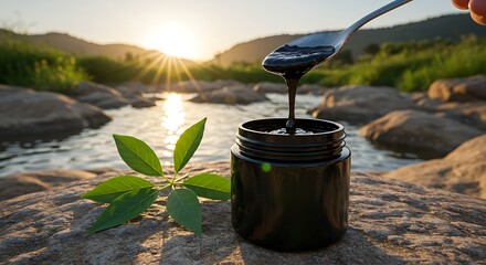 Shilajit or concentrated resin product showcased outdoors with a dripping spoon and bright green foliage