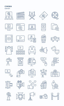 Cinema and movie outline  icon set, Its including icons like film, director chair, online streaming