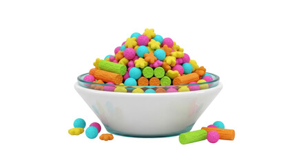 Isolated bowl of colorful sprinkles, assorted shapes, vibrant confectionery topping for dessert