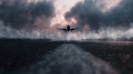 An airplane takes flight from a misty runway beneath a dramatic overcast sky symbolizing departure and the journey ahead