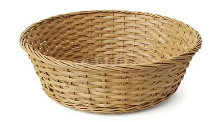Woven round basket made of natural fibers on a white background