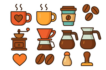 Colorful set of coffee preparation and beverage items including cups, grinder, and beans