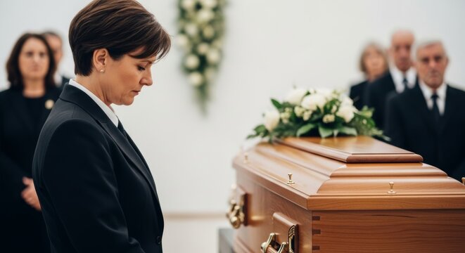 Solemn funeral gathering with mourning attendees paying respects in memorial service