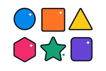 Basic geometric shapes set in bright colors: circle, square, triangle, hexagon, star